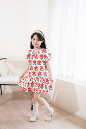 ĐẦM BÉ GÁI LANH LỤA XÒE TAY BỒNG – HANAKIDS H250110