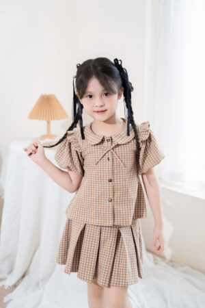 SET BỘ caro tay bèo và chân váy xếp ly HANAKIDS H550110